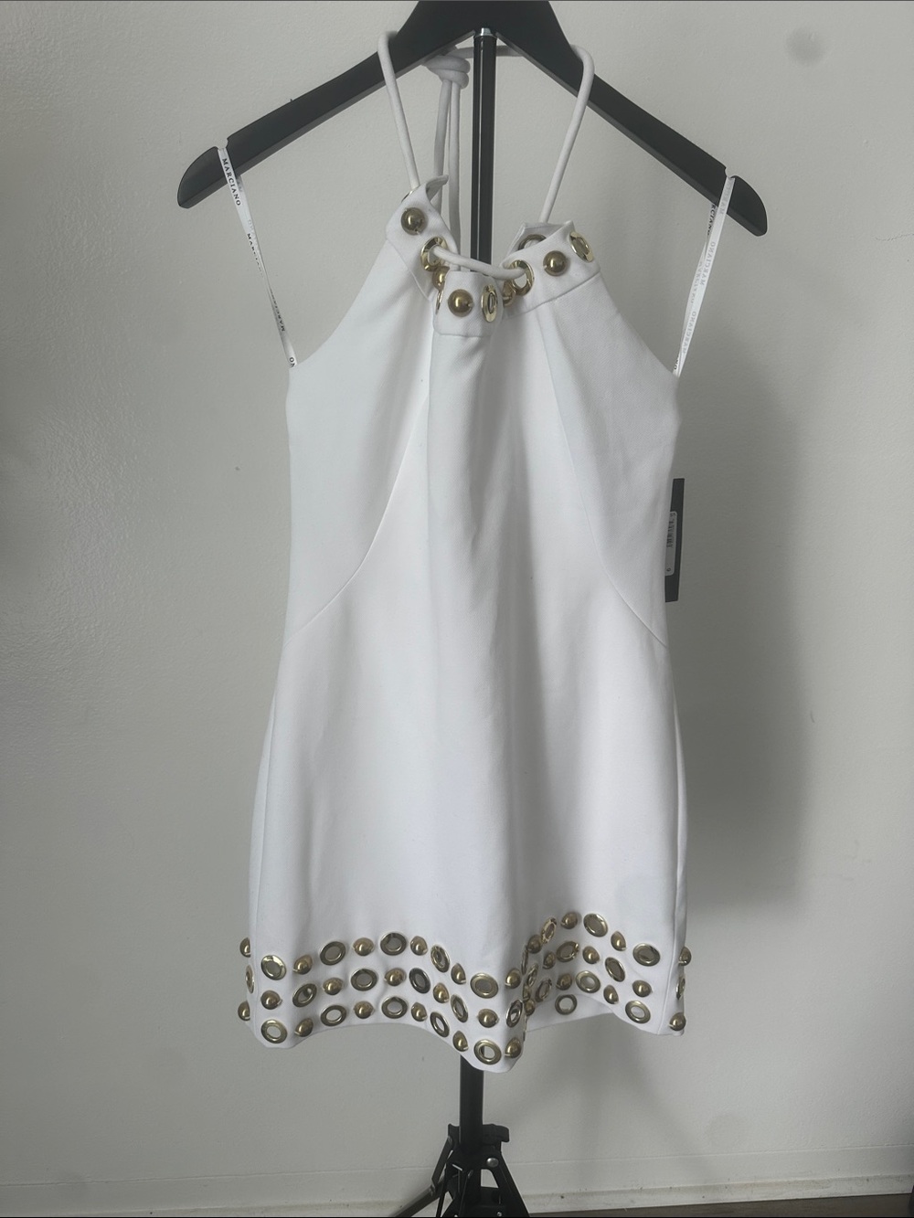 White Halter Grommet Mini Dress with Rope Neck Tie